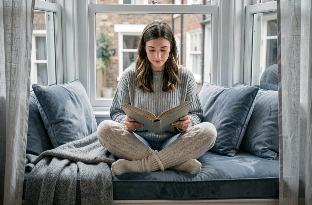 Jeune femme lisant sur un banc-fenêtre cosy avec coussins en velours bleu et plaid en laine dans un petit espace