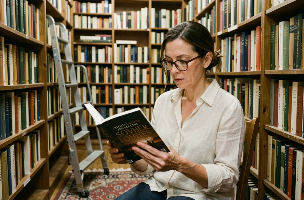 Femme dans une librairie d'occasion découvrant un roman littéraire entre des étagères chargées de livres anciens