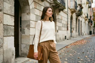 Femme en pull en maille fine ivoire et pantalon large camel dans une rue pavée européenne en automne