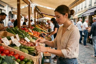 Femme comparant les prix de légumes frais sur un marché de plein air pour économiser sur ses courses quotidiennes