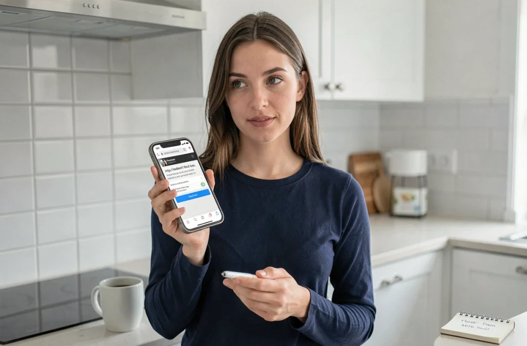 Femme consultant une nouvelle adresse de site sur son smartphone dans une cuisine moderne
