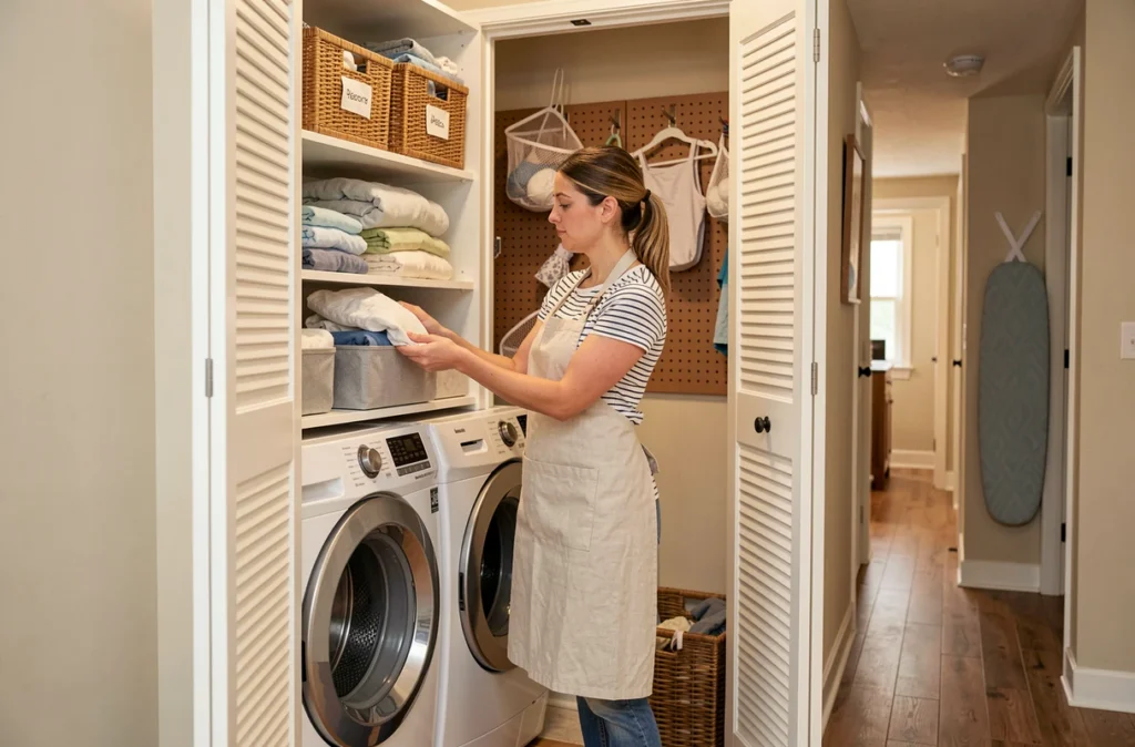 Femme organisant le linge dans un placard buanderie bien aménagé avec rangements modulables et repassage intégré