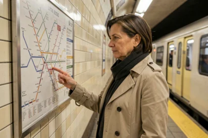 Femme consultant le plan du métro de Lyon sur le quai d'une station souterraine