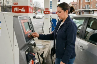 Femme faisant le plein de carburant à une station-service en surveillant attentivement le compteur de la pompe