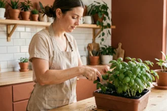 Femme qui taille des herbes fraîches dans un potager d'intérieur installé sur un plan de travail en bois dans une cuisine moderne