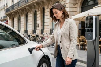 Femme branchant sa voiture électrique blanche à une borne de recharge à Paris, devant un immeuble haussmannien