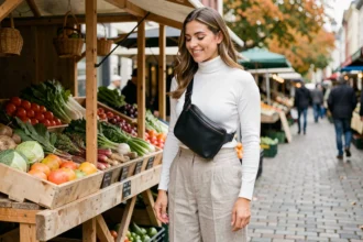 Femme trendy portant un sac banane en cuir noir à la ceinture dans un marché urbain en automne