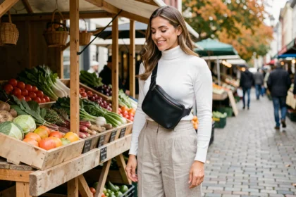 Femme trendy portant un sac banane en cuir noir à la ceinture dans un marché urbain en automne