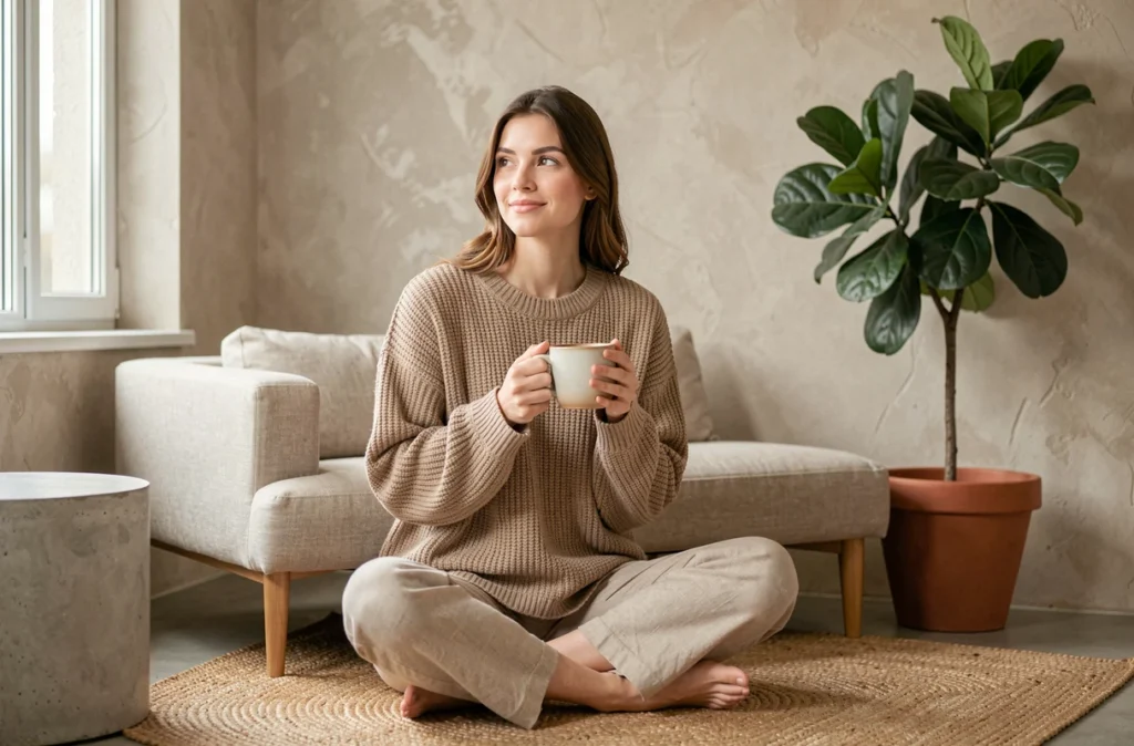 Femme détendue dans un salon minimaliste tenant une tasse, entourée d'une décoration naturelle épurée alliant confort et simplicité
