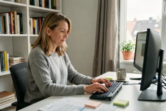Femme en télétravail à son bureau home office avec double écran dans un appartement moderne au style scandinave