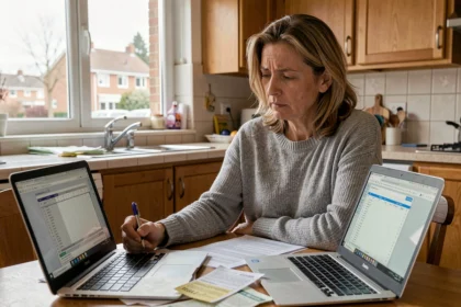Femme consulant ses avis d'imposition et factures à la table de cuisine, illustrant l'impact de la fiscalité locale sur le budget des ménages
