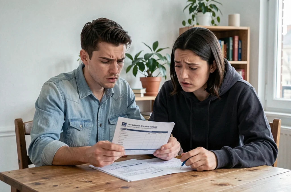 Jeune couple analysant leur avis de taxe locale et leur budget familial, illustrant la pression fiscale sur le pouvoir d'achat
