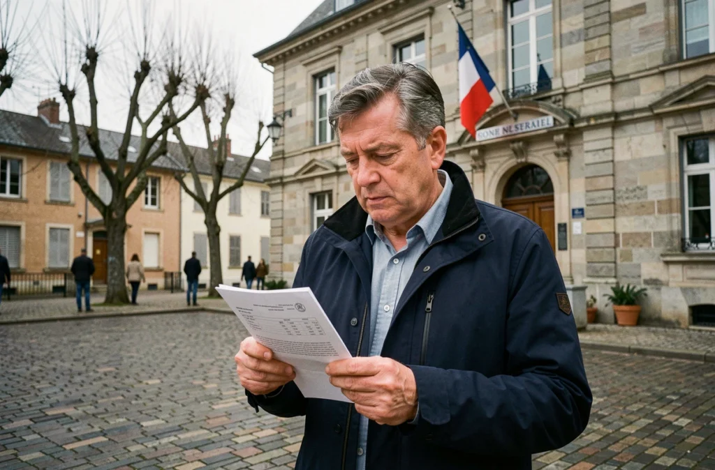 Homme tenant un document fiscal devant une mairie française, symbolisant l'impact des taxes locales sur les contribuables