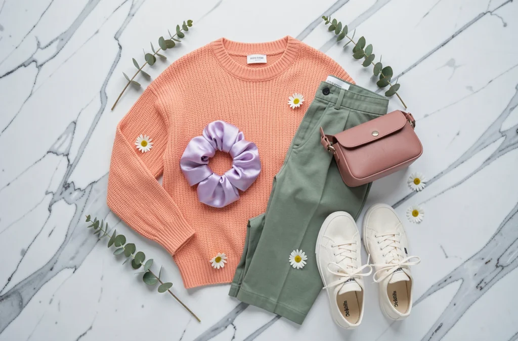 Flat lay de tenue printanière avec pulls pêche, pantalon vert sauge, sac rose et accessoires pastel coordonnés sur marbre blanc
