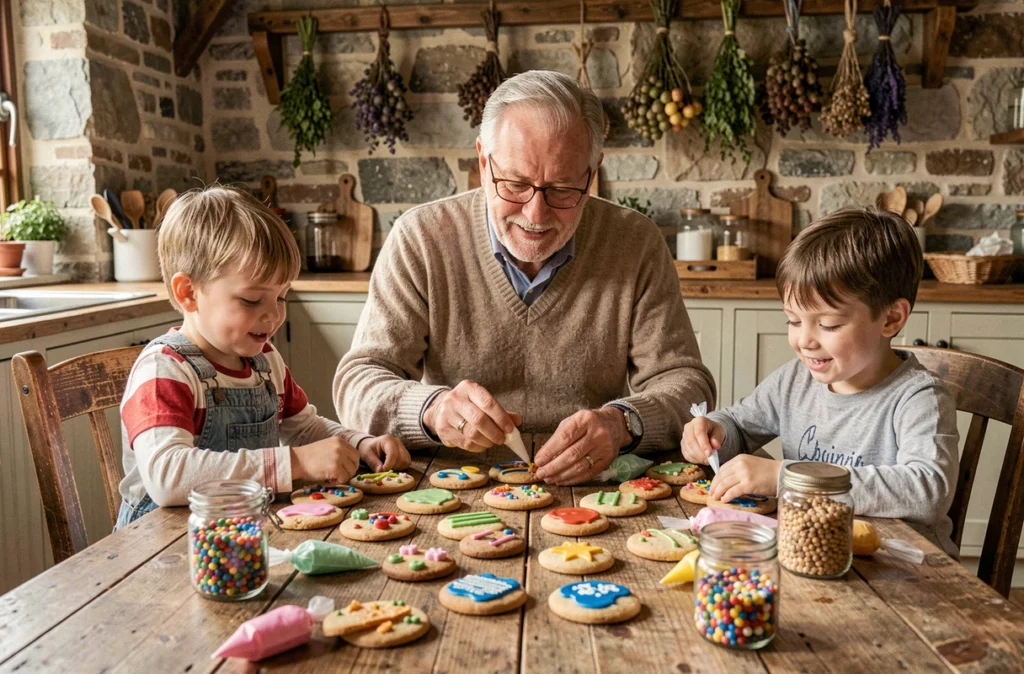 Grand-père et petits-enfants décorant des biscuits avec du glaçage coloré autour d'une table en bois rustique dans une cuisine de campagne