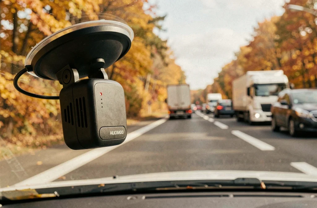 Gros plan d'une dashcam grand angle fixée au pare-brise sur une autoroute française en automne