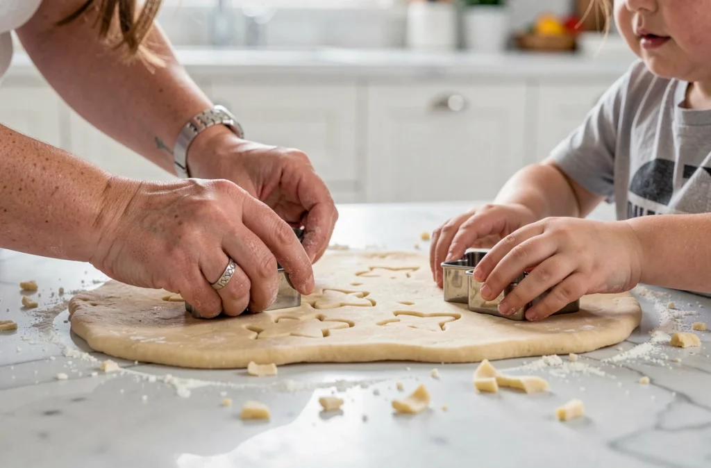 Gros plan de mains adultes et d'enfant utilisant des emporte-pièces sur de la pâte étalée sur un plan de travail en marbre fariné