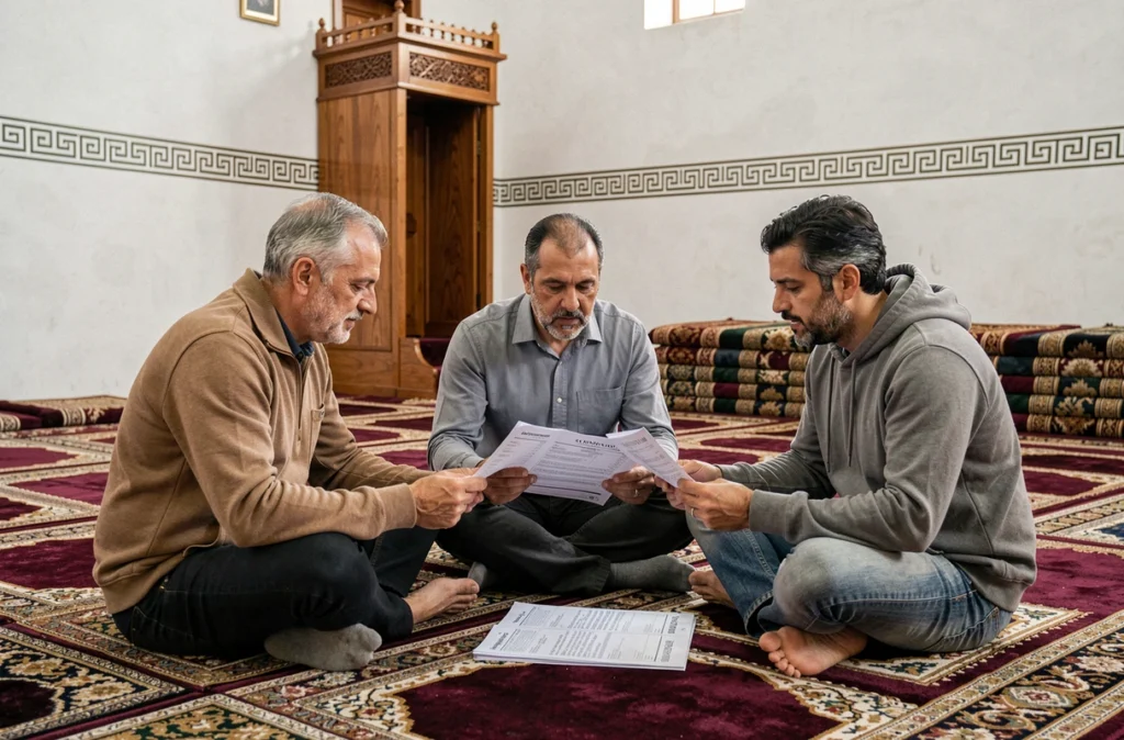 Groupe d'hommes consultant les horaires de prière sur un tapis dans une salle de mosquée à Marseille