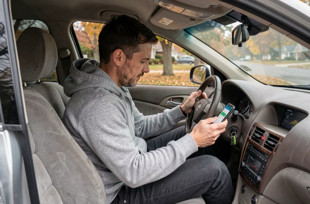 Homme consultant une application d'économie de carburant sur son smartphone installé dans l'habitacle de sa voiture