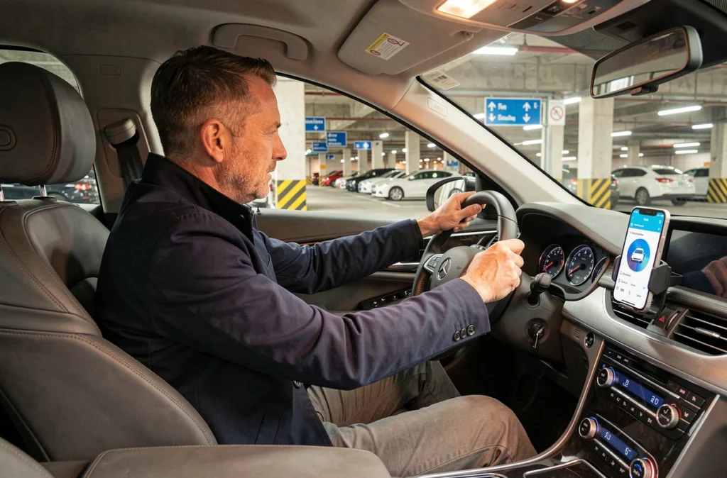 Homme consultant une application de stationnement sur son téléphone fixé au tableau de bord d'une voiture