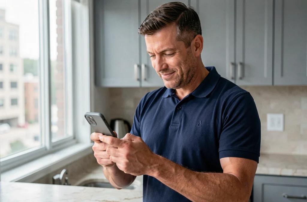 Homme vérifiant les avis Funbooker sur son smartphone dans une cuisine moderne avant de réserver