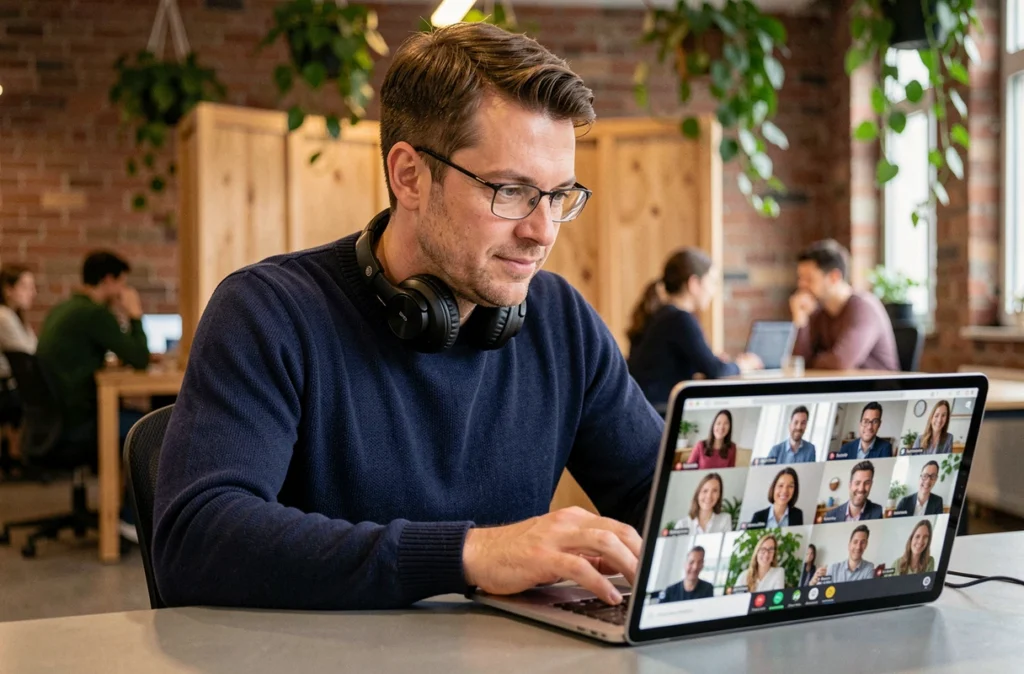 Homme en télétravail dans un espace de coworking utilisant un laptop et une tablette pour une visioconférence avec son équipe à distance