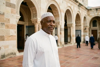 Homme en djellaba blanche à l'entrée d'une mosquée de Marseille avec architecture en pierres calcaires