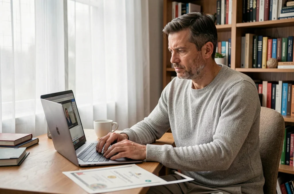 Homme en télétravail suivant une formation en ligne pour développer ses compétences professionnelles