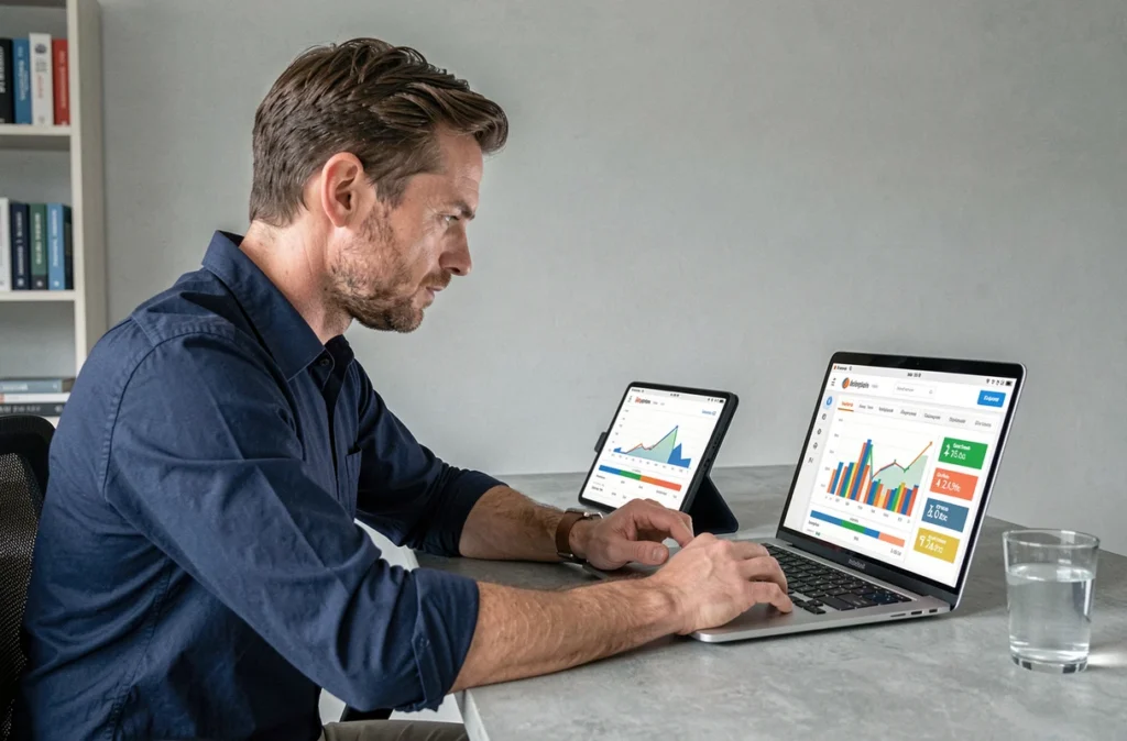 Homme en chemise bleue comparant des données financières sur tablette et ordinateur portable dans un bureau à domicile moderne