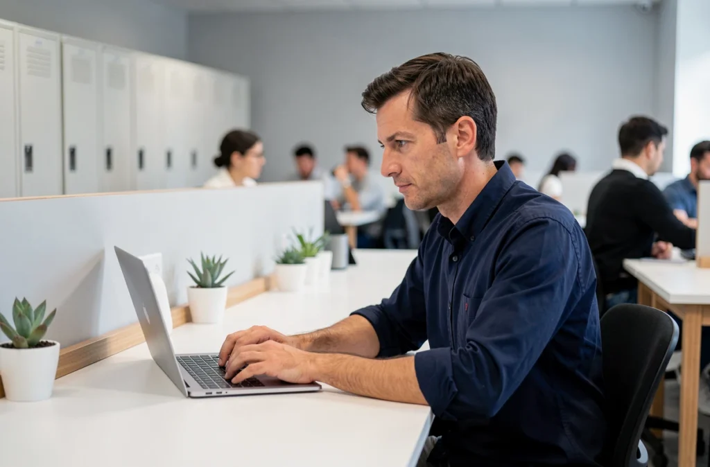 Homme en hot-desking dans un espace de coworking minimaliste, symbole de la flexibilité des nouveaux modes de travail en entreprise