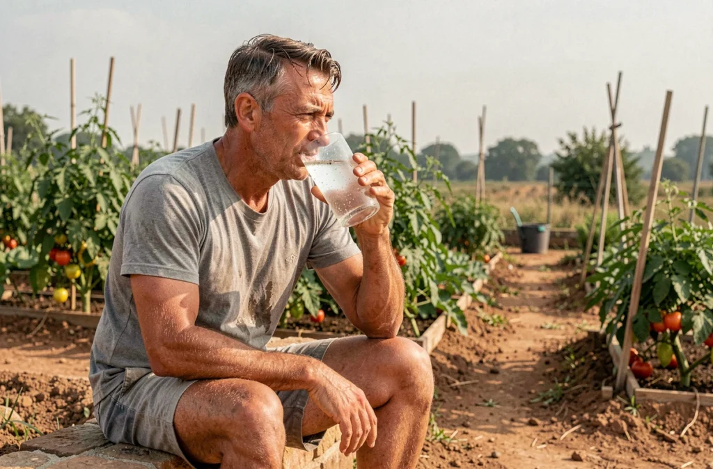 Homme en plein air s'hydratant avec un verre d'eau lors d'une journée de jardinage sous la chaleur