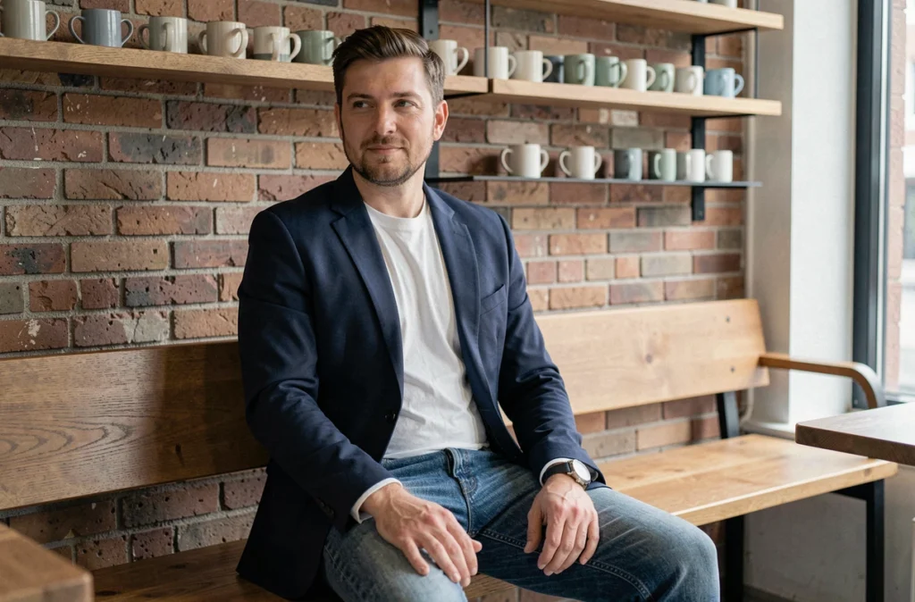 Homme en jean brut et blazer marine dans un café minimaliste, look décontracté et élégant masculin