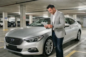 Homme en blazer gris consultant une tablette à côté d'une berline moderne en parking souterrain, illustrant la location longue durée automobile
