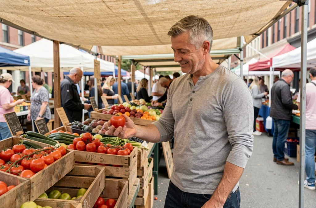 Homme choisissant des légumes frais au marché dans une démarche d'alimentation consciente et intuitive