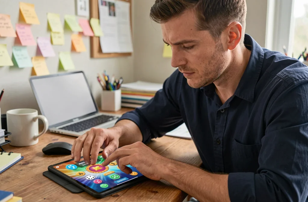 Homme consultant des astuces de Monopoly Go sur tablette dans un bureau à domicile pour maximiser ses bonus
