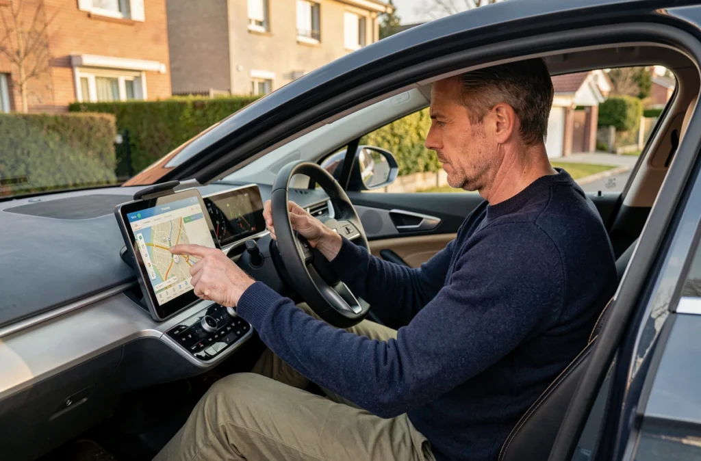 Homme consultant l'écran de navigation de sa voiture électrique dans une rue résidentielle française