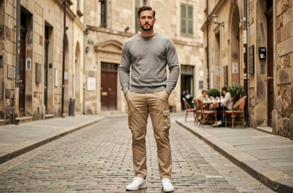 Homme en pantalon cargo beige dans une rue pavée d'une ville européenne