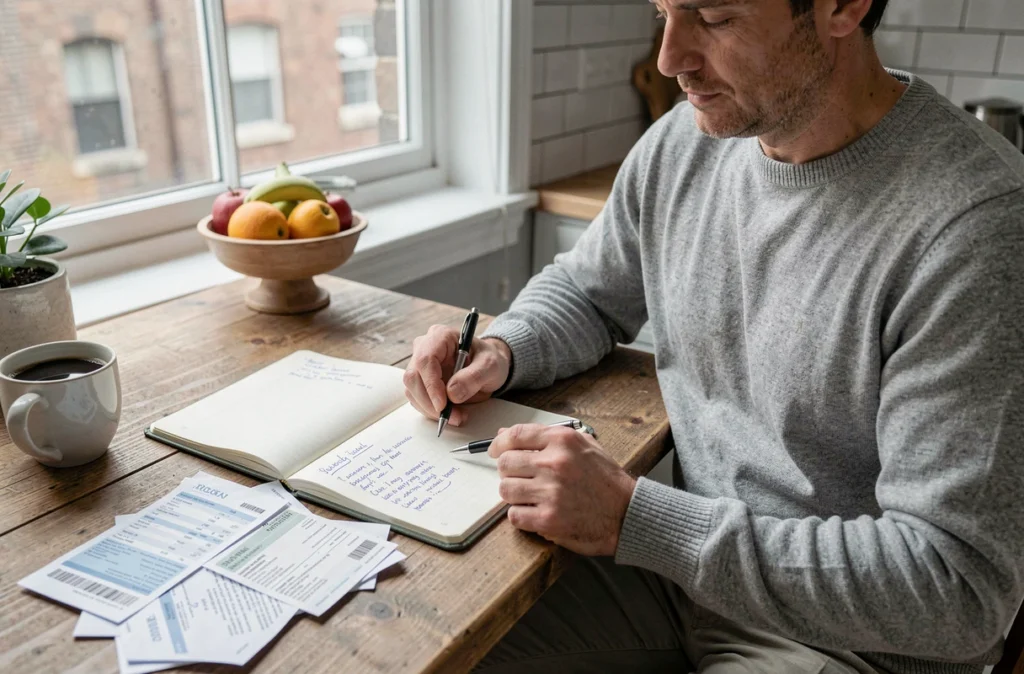Homme planifiant son budget mensuel avec un carnet de dépenses et des reçus sur une table de cuisine