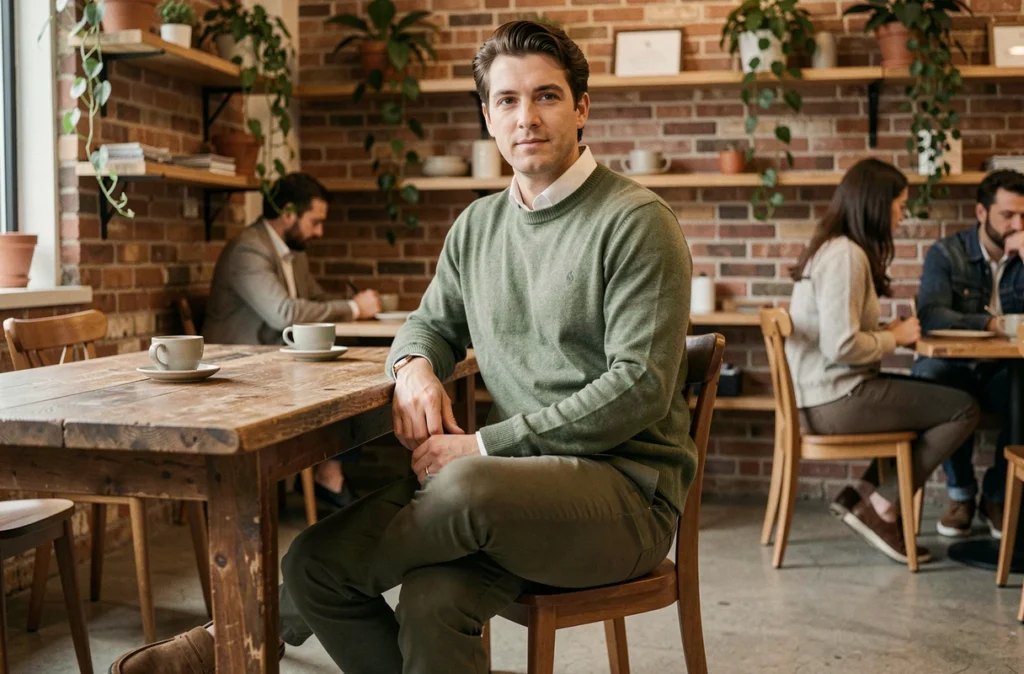 Homme en pull maille fine vert sauge et chemise blanche dans un café minimaliste à l'ambiance chaleureuse