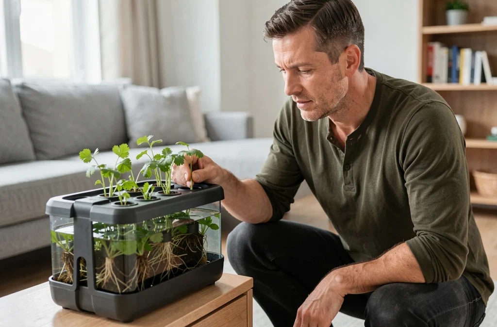 Homme examinant un système de culture hydroponique d'herbes aromatiques posé sur un meuble dans un salon de style scandinave