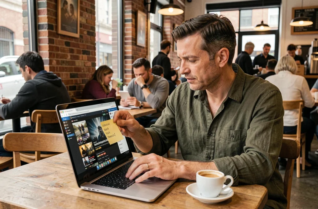 Homme vérifiant une nouvelle adresse de site de films sur un ordinateur portable dans un café urbain avec un post-it manuscrit