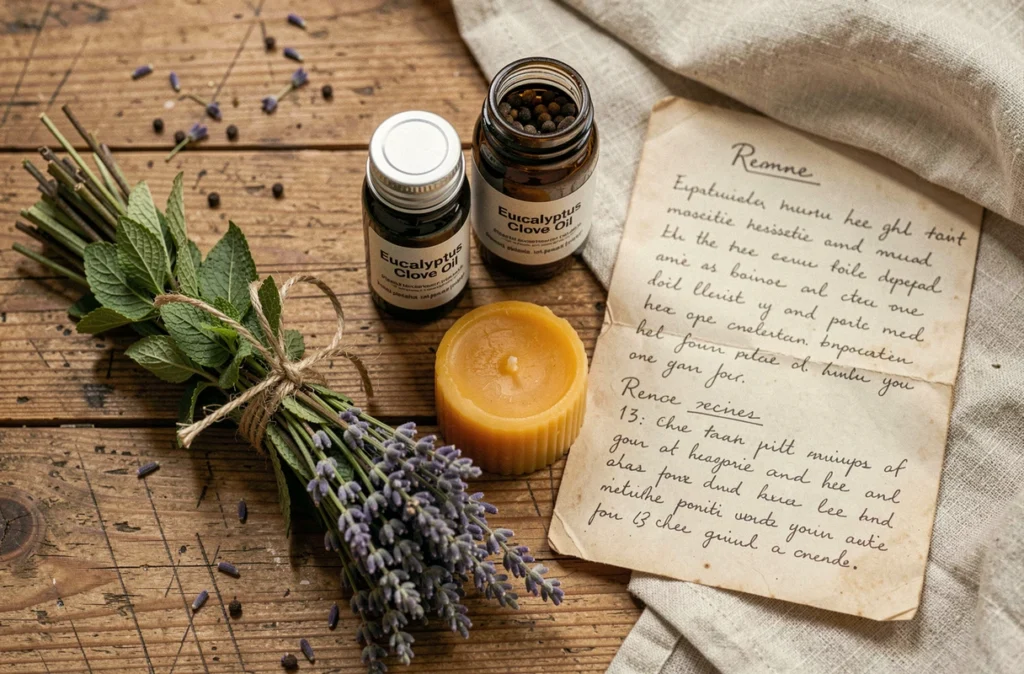 Vue aérienne d'ingrédients naturels pour fabriquer un répulsif anti-moustiques maison : huiles essentielles, herbes séchées et bougie à la cire d'abeille