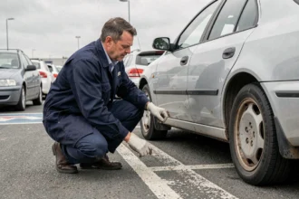 Homme inspectant la carrosserie d'une voiture d'occasion dans un parking de concessionnaire