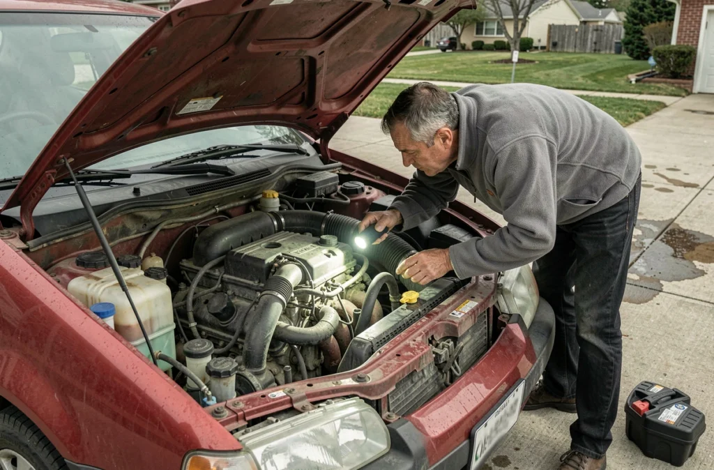 Homme inspectant le compartiment moteur d'une voiture d'occasion sous le capot ouvert