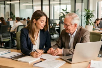 Nouvelle recrue accompagnée par un mentor dans un bureau moderne lors de son intégration professionnelle