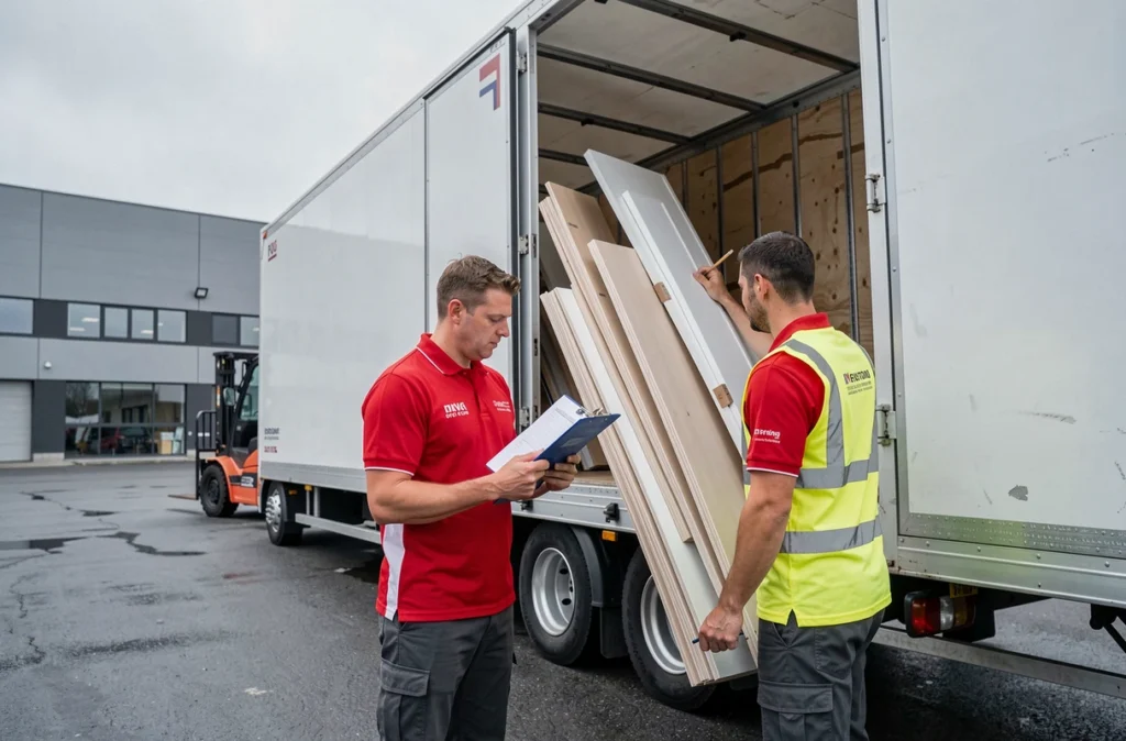Déménageurs d'Interpool Groupe DEI déchargeant des meubles d'un camion semi-remorque dans une zone industrielle