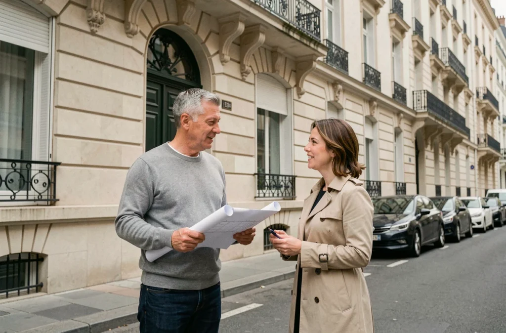 Investisseur et agent immobilier discutant devant un immeuble locatif rénové dans une rue urbaine