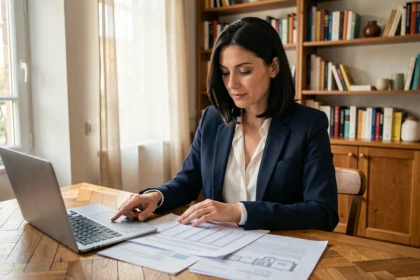 Jeune femme investisseure immobilière analysant des documents de placement locatif dans un appartement parisien moderne