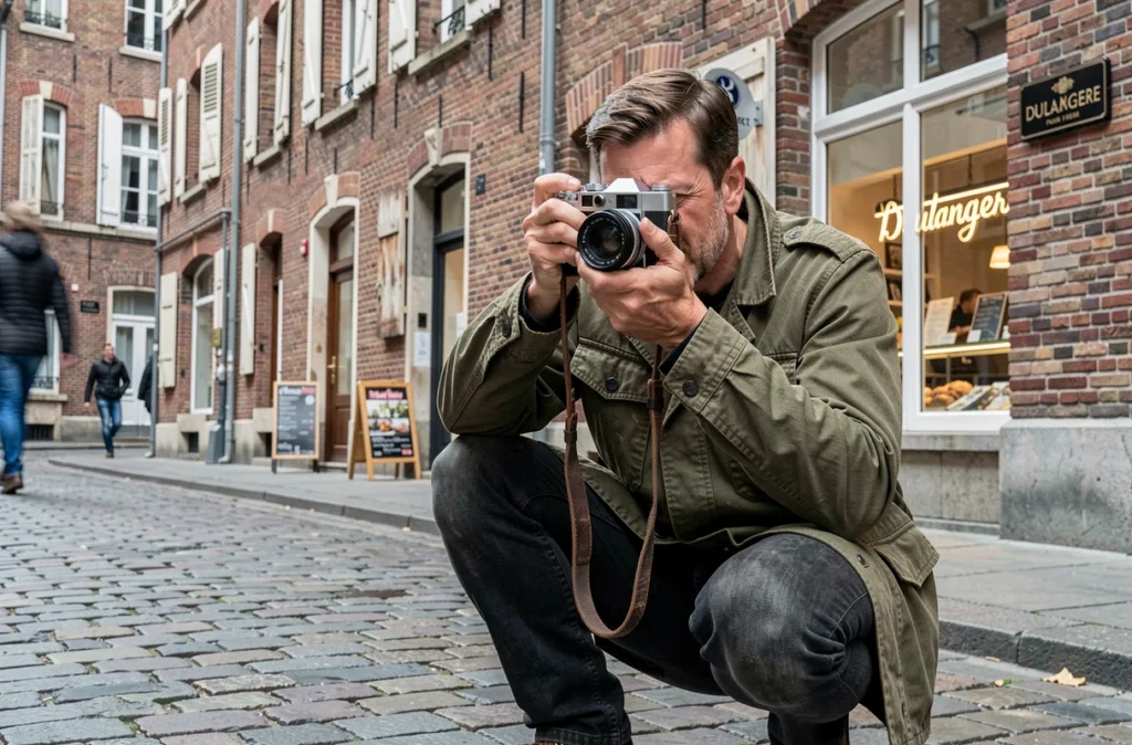 JB Pellerin, photographe de portrait de rue à Lille, en action dans le Vieux-Lille sur pavés historiques