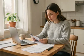 Jeune femme adulte consultant des documents de crédit sur une table en bois dans un appartement moderne